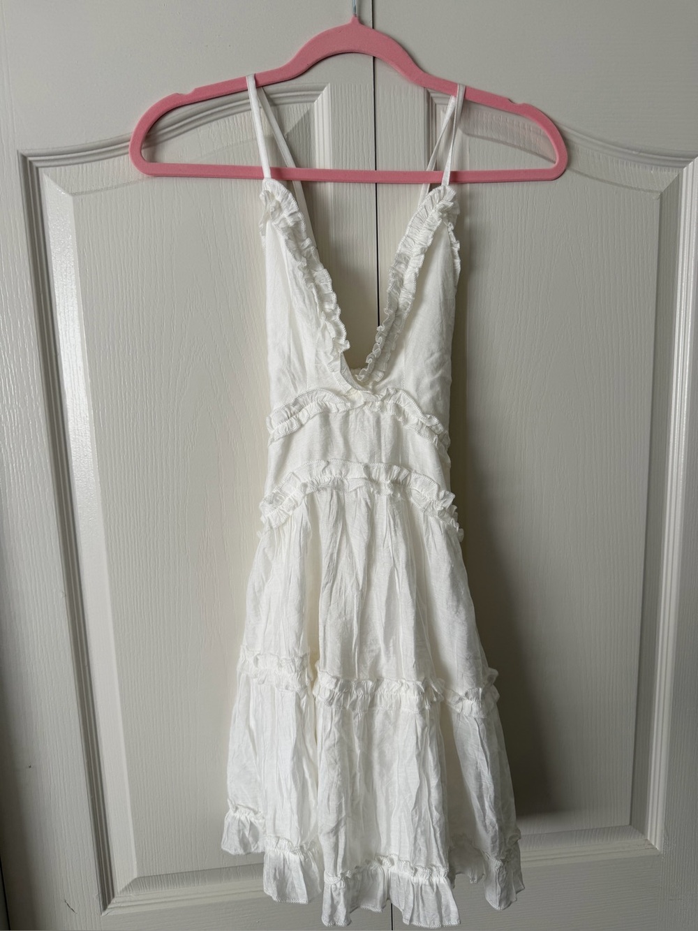 White V-Neck Ruffle Mini Dress - Women's Sleeveless - Picture 5 of 7